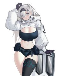 Rule 34 | 1girl, absurdres, animal ears, arknights, aurora (arknights), aurora (elite ii) (arknights), bear ears, belt pouch, black gloves, black hairband, black shirt, black shorts, black thighhighs, blue eyes, breasts, cleavage, commentary, cowboy shot, crop top, distr, eyes visible through hair, gloves, hair behind ear, hair over one eye, hairband, hand on own head, highres, holding, holding shield, large breasts, long hair, long sleeves, looking at viewer, midriff, mole, mole on breast, navel, pouch, shield, shirt, shorts, shrug (clothing), simple background, single thighhigh, skindentation, smile, thick thighs, thighhighs, thighs, white background, white hair, wide hips