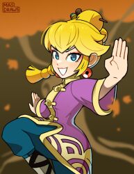 Rule 34 | 1girl, blonde hair, blue eyes, braid, braided ponytail, chinese clothes, dress, earrings, fighting stance, hair ornament, hair stick, highres, jewelry, kung fu, kung fu peach, long hair, looking at viewer, mag (magdraws), mario (series), martial arts, nintendo, official alternate costume, official alternate hairstyle, open mouth, ponytail, princess peach, princess peach: showtime!, smile, solo