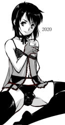 Rule 34 | 1boy, 2020, bad id, bad pixiv id, black hair, black panties, black thighhighs, bulge, camisole, choker, collarbone, commentary request, crossdressing, crossdressing boy (kamisimo 90), erection, erection under clothes, gloves, greyscale, hand up, kamisimo 90, male focus, monochrome, navel, original, panties, sitting, solo, thighhighs, thighs, trap, underwear