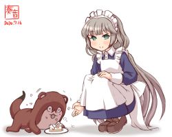 Rule 34 | 1girl, alternate costume, apron, artist logo, blue dress, bokukawauso, brown footwear, commentary request, dated, dress, enmaided, feeding, frilled apron, frills, green eyes, grey hair, highres, kanon (kurogane knights), kantai collection, loafers, long dress, long hair, long sleeves, looking at viewer, low twintails, maid, mikura (kancolle), otter, plate, shoes, simple background, smile, squatting, twintails, white apron, white background