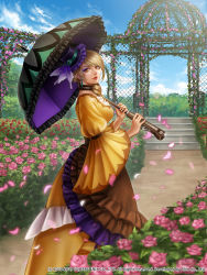 Rule 34 | 1girl, aqua ribbon, black choker, black hat, blue sky, brown eyes, bush, choker, cloud, company name, dated, day, dress, earrings, eyeshadow, feet out of frame, final fantasy, final fantasy brave exvius, flower, frilled choker, frilled hat, frills, from side, garden, gown, hat, hat ornament, hat ribbon, holding, holding umbrella, jewelry, layered skirt, light brown hair, lipstick, long hair, long sleeves, looking at viewer, makeup, muxia yue nai, official art, outdoors, over shoulder, parasol, path, petals, pink flower, pink rose, red flower, red lips, ribbon, road, rose, rose bush, skirt, sky, solo, standing, swept bangs, tilted headwear, trellis, umbrella, watermark, wide sleeves, yellow dress