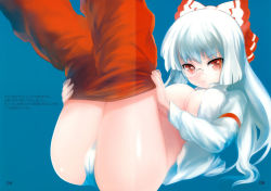 Rule 34 | 1girl, albino, ass, bespectacled, blue background, breasts, clothes pull, crease, fujiwara no mokou, glasses, hair ornament, hair ribbon, itou life, large breasts, long hair, long sleeves, looking at viewer, non-web source, open clothes, open shirt, panties, pants, pants pull, red eyes, ribbon, rimless eyewear, scan, scan artifacts, shirt, simple background, solo, text focus, touhou, underwear, white hair
