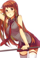 Rule 34 | 1girl, bare shoulders, leaning forward, necktie, red eyes, red hair, sleeveless, solo, thighhighs, weee (raemz), white thighhighs, zettai ryouiki