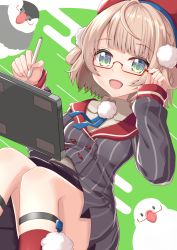Rule 34 | 1girl, absurdres, adjusting eyewear, ahoge, blush, borumete, breasts, brown hair, drawing tablet, glasses, hair ornament, hat, highres, indie virtual youtuber, long sleeves, looking at viewer, open mouth, pom pom (clothes), pom pom hair ornament, red-framed eyewear, red hat, semi-rimless eyewear, shigure ui (channel), shigure ui (vtuber), shigure ui (vtuber) (1st costume), short hair, small breasts, smile, solo, stylus, virtual youtuber