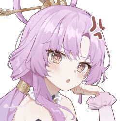 Rule 34 | 1girl, :o, anger vein, bare shoulders, blush, bow-shaped hair, brown eyes, close-up, collar, commentary, detached collar, earrings, forehead jewel, fu xuan (honkai: star rail), hair ornament, hair stick, head rest, highres, honkai: star rail, honkai (series), jewelry, long hair, long sleeves, looking at viewer, low ponytail, luna (luna610), open mouth, parted bangs, pink hair, simple background, single earring, solo, twitter username, upper body, v-shaped eyebrows, white background, white collar