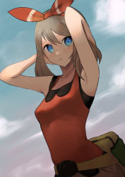 Rule 34 | 1girl, armpits, bare arms, blue eyes, blush, bow hairband, breasts, cloud, collarbone, commentary request, creatures (company), day, fanny pack, from below, game freak, hair between eyes, hairband, highres, jyu gorilla, looking to the side, may (pokemon), nintendo, outdoors, parted lips, pokemon, pokemon oras, shirt, shorts, sky, sleeveless, sleeveless shirt, solo, yellow bag