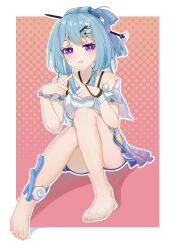 Rule 34 | 1girl, absurdres, bare shoulders, barefoot, blue hair, border, dress, full body, griseo, griseo (starry impression), hair ornament, highres, honkai (series), honkai impact 3rd, huang tie lin, looking at viewer, open mouth, outline, pink background, polka dot, polka dot background, purple eyes, solo, sundress, toes, white border, white dress, white outline