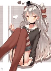 Rule 34 | 1girl, absurdres, amatsukaze (kancolle), blush, brown dress, brown eyes, convenient leg, dress, garter belt, garter straps, hair between eyes, hair tubes, highres, kantai collection, lifebuoy, long hair, looking at viewer, red thighhighs, sailor dress, shanghmely, short dress, silver hair, sitting, solo, striped clothes, striped thighhighs, swim ring, thighhighs, two side up