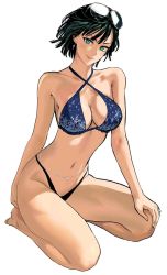 Rule 34 | 1girl, bikini, breasts, cleavage, fubuki (one-punch man), green eyes, highres, large breasts, looking at viewer, navel, one-punch man, simple background, smile, solo, swimsuit, tagme