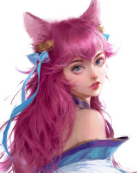 Rule 34 | 1girl, absurdres, ahri (league of legends), animal ears, blue eyes, blue ribbon, fox ears, fox girl, hair ribbon, highres, league of legends, lips, looking at viewer, looking back, nose, pink hair, pink lips, ribbon, simple background, solo, spirit blossom ahri, upper body, white background, yawei cao