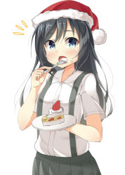Rule 34 | 10s, 1girl, arm warmers, asashio (kancolle), bad id, bad pixiv id, black hair, blue eyes, blush, cake, cake slice, plate, eating, food, fork, fruit, kankitsunabe (citrus), kantai collection, long hair, open mouth, plate, pleated skirt, school uniform, skirt, solo, strawberry, strawberry shortcake, suspenders, white background