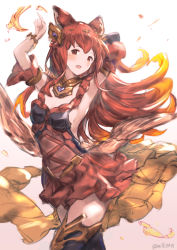 Rule 34 | 1girl, absurdres, animal ears, anthuria, armpits, bad id, bad pixiv id, commentary, fire, granblue fantasy, hair ornament, highres, milli0401, red eyes, red hair, revision, skirt, solo, thighhighs