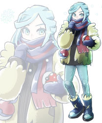 Rule 34 | 1boy, androgynous, blue eyes, blue hair, boots, chamaji, creatures (company), denim, eyebrows hidden by hair, full body, game freak, grusha (pokemon), highres, jacket, jeans, male focus, mittens, nintendo, pants, poke ball, poke ball (basic), poke ball print, pokemon, pokemon sv, scarf, scarf over mouth, snowflakes, solo, striped clothes, striped scarf, two-tone scarf, yellow jacket