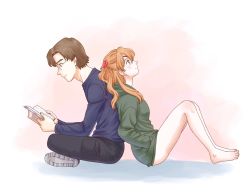 Rule 34 | 1boy, 1girl, age difference, aida kensuke, back-to-back, blue eyes, book, breasts, brown hair, couple, evangelion: 3.0+1.0 thrice upon a time, eyepatch, glasses, hair ornament, hairclip, hand in pocket, hood, hood down, hooded jacket, jacket, legs, long hair, looking up, masago ksb, neon genesis evangelion, reading, rebuild of evangelion, sitting, souryuu asuka langley, sweater