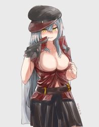 Rule 34 | 1girl, belt, biting, breasts, commentary, gangut (kancolle), glove biting, gloves, grey background, grey hair, hair between eyes, hat, highres, jacket, jacket on shoulders, kantai collection, large breasts, long hair, long sleeves, looking at viewer, megame (okbnkn), military, military hat, military jacket, military uniform, miniskirt, no bra, peaked cap, simple background, skirt, solo, uniform, yellow eyes