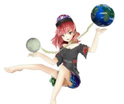 Rule 34 | 1girl, bare legs, bare shoulders, clothes writing, earth (planet), extra, feet, hecatia lapislazuli, highres, legacy of lunatic kingdom, moon, red eyes, red hair, shirt, shirte, simple background, skirt, solo, touhou