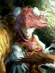 Rule 34 | 1girl, bird, bun cover, corrupted twitter file, double bun, dragon, eagle, expressionless, flower, hair bun, hair ornament, highres, ibaraki kasen, looking at viewer, pink flower, pink hair, pink rose, puffy short sleeves, puffy sleeves, red eyes, red tabard, rose, shake 0607, shirt, short hair, short sleeves, solo, tabard, tiger, touhou, upper body, white shirt, wings