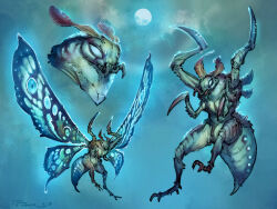 absurdres animal_focus antennae arthropod_limbs blue_eyes bug cloud cloudy_sky commentary english_commentary extra_arms full_body full_moon godzilla:_king_of_the_monsters godzilla_(series) highres insect kaiju legendary_pictures mandibles monster monsterverse moon moth mothra multiple_views night no_humans signature sky tail taran_fiddler toho