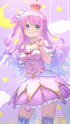 Rule 34 | 1girl, aqua eyes, asymmetrical legwear, bare shoulders, blue hair, bracelet, breasts, candy hair ornament, commentary, crescent, crescent earrings, crown, detached collar, earrings, food, food-themed hair ornament, frilled thighhighs, frills, gradient hair, green eyes, guchico, hair ornament, heterochromia, highres, himemori luna, himemori luna (1st costume), hololive, index finger raised, jewelry, long hair, looking at viewer, macaron, medium breasts, multicolored hair, one side up, parted lips, pink hair, purple eyes, purple skirt, skirt, smile, solo, thighhighs, thighs, uneven legwear, virtual youtuber, wavy hair, zettai ryouiki