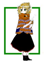 Rule 34 | 1girl, absurdres, alternate costume, black footwear, black skirt, blonde hair, blush, blush stickers, closed mouth, commentary, cup, disposable cup, food, full body, green eyes, hands up, highres, holding, holding cup, komaku juushoku, long sleeves, looking to the side, mizuhashi parsee, multicolored clothes, parted bangs, pointy ears, poncho, ribbon trim, short hair, simple background, skirt, solo, standing, steam, touhou, white sleeves