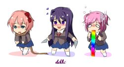 Rule 34 | 3girls, :d, @ @, ayagi daifuku, blank eyes, blue eyes, blush, bow, chibi, commentary request, copyright name, doki doki literature club, empty eyes, fang, gloom (expression), hair bow, heart, knife, long hair, multiple girls, natsuki (doki doki literature club), noose, nose blush, o o, open mouth, pink hair, purple eyes, purple hair, rope, sayori (doki doki literature club), school uniform, short hair, simple background, smile, spoilers, standing, vomiting, vomiting rainbows, white background, yuri (doki doki literature club)