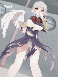 Rule 34 | 1girl, arm up, bad id, bad pixiv id, bow, bowtie, breasts, breasts out, cameltoe, closed mouth, collar, collared dress, commentary, dress, feathers, gem, hand on own face, hand up, hands up, ikasoba, jacket, jewelry, kishin sagume, legs, looking at viewer, medium breasts, midriff, nipples, open clothes, open jacket, panties, pantyshot, purple dress, red bow, red bowtie, red eyes, short hair, silver hair, single wing, smile, solo, standing, thighs, torn clothes, touhou, unaligned breasts, underwear, wall, white panties, window, wings, yellow jacket, yellow sleeves