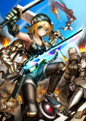 Rule 34 | 1boy, 2girls, armor, badge, bald, bandana, belt, blonde hair, blue eyes, breasts, button badge, chain, chainsaw, cleavage, cyborg, energy weapon, fire, glasses, gloves, highres, knife, pantyhose under shorts, midriff, missile, multiple girls, original, pantyhose, ponytail, red hair, shoes, short hair, shorts, sneakers, spark621, sword, weapon