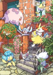 Rule 34 | brick wall, creatures (company), cutiefly, door, flower, game freak, gen 3 pokemon, gen 4 pokemon, gen 5 pokemon, gen 7 pokemon, gen 8 pokemon, glameow, hatenna, highres, munna, nintendo, pokemon, pokemon (creature), q-chan, rose, roserade, simipour, stairs, wailmer, window