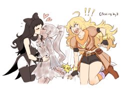 Rule 34 | !, 3girls, ahoge, bag, belt, belt buckle, black bow, black gloves, black hair, black ribbon, black shorts, blake belladonna, blonde hair, boots, bow, bracelet, breasts, buckle, closed eyes, collarbone, couple, dashingicecream, dirty, dirty clothes, dress, earrings, ember celica (rwby), english text, face-to-face, facing another, fingerless gloves, gloves, hair between eyes, hair bow, hair ornament, hair tie, hand on another&#039;s shoulder, hand up, happy, heart, height difference, high five, holding, hug, jacket, jewelry, kiss, large breasts, leg up, long hair, long sleeves, looking at another, medium breasts, midriff, multiple girls, nail polish, navel, one leg raised, open mouth, orange scarf, ponytail, pouch, purple eyes, ribbon, rwby, scarf, short sleeves, shorts, side ponytail, simple background, skirt, sleeveless, smile, soot, standing, teeth, tiara, tongue, weiss schnee, white background, white dress, white hair, yang xiao long, yuri