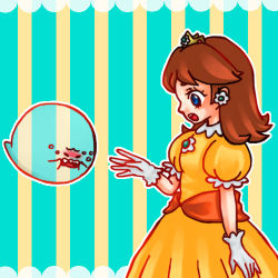 Rule 34 | 1girl, blue eyes, blush, boo (mario), brown hair, crown, dress, earrings, ghost, gloves, jewelry, lowres, mario (series), nintendo, open mouth, princess daisy, super mario bros. 1, super mario land, transparent