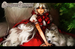 Rule 34 | 1girl, blue eyes, bow, cape, hood, hood down, image sample, ippus, jpeg artifacts, letterboxed, lips, long hair, puffy sleeves, short sleeves, solo, very long hair, white hair, wolf