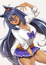 Rule 34 | 1girl, ;d, absurdres, animal ears, blue bow, blue hair, blue skirt, blue wristband, bow, breasts, cleavage, clothes around waist, collarbone, collared shirt, dark-skinned female, dark blue hair, dark skin, ear ornament, ear scrunchie, hair between eyes, hair ornament, hand up, highres, hishi amazon (umamusume), horse ears, horse girl, horse tail, large breasts, long hair, looking at viewer, nail polish, one eye closed, open mouth, pleated skirt, red eyes, red nails, red scrunchie, scrunchie, shirt, shirt tucked in, skirt, sleeves rolled up, smile, solo, stmoon, tail, teeth, thighs, umamusume, upper teeth only, very long hair, white background, white shirt