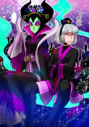 Rule 34 | ..., 1boy, 1girl, alternate costume, bad id, bad pixiv id, claude frollo, colored sclera, colored skin, couple, crossed arms, eyeshadow, fake horns, frown, green eyes, green skin, grey hair, hair ornament, hair stick, hood, horned headwear, horns, japanese clothes, looking away, makeup, maleficent, marimo (yousei ranbu), one man&#039;s dream ii, sitting, sleeping beauty, sleeves past wrists, sweatdrop, the hunchback of notre dame, translation request, yellow sclera, aged down
