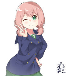 Rule 34 | 1girl, artist name, bang dream!, blue coat, closed mouth, coat, contrapposto, far is a, girls und panzer, green eyes, green skirt, hand on own hip, head tilt, highres, long hair, long sleeves, looking at viewer, low twintails, medium hair, one eye closed, ooarai school uniform, pink hair, school uniform, signature, simple background, skirt, smile, solo, standing, twintails, uehara himari, v, white background, winter uniform