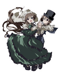 Rule 34 | 2girls, black corset, black footwear, black hat, blue shorts, brown hair, closed mouth, collared dress, collared shirt, commentary request, corset, dancing, dress, frilled dress, frilled shirt, frilled shirt collar, frilled sleeves, frills, full body, green dress, green eyes, grey background, hair between eyes, hat, head scarf, heterochromia, highres, holding hands, kasukasugom1, lace, lolita fashion, long bangs, long dress, long sleeves, looking at viewer, multiple girls, open mouth, red eyes, rozen maiden, shirt, shoes, short hair, shorts, siblings, simple background, sisters, smile, souseiseki, standing, suiseiseki, top hat, twins, white shirt