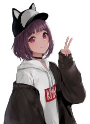 Rule 34 | 1girl, animal hat, baseball cap, black choker, black hat, blunt bangs, blush, brown coat, cat hat, chan1moon, choker, closed mouth, clothes writing, coat, commentary, copyright name, drawstring, hat, highres, hood, hood down, hoodie, kmnz, long sleeves, looking at viewer, mc liz, open clothes, open coat, purple eyes, purple hair, short hair, simple background, sleeves past wrists, smile, solo, upper body, v, virtual youtuber, white background, white hoodie