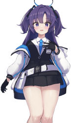 Rule 34 | 1girl, belt, belt pouch, blue archive, blue necktie, collared shirt, commentary, formal, gloves, half gloves, halo, highres, id card, jacket, jacket partially removed, karu (ricardo 2628), looking at viewer, miniskirt, multicolored clothes, multicolored jacket, necktie, off shoulder, open clothes, open jacket, parted bangs, pleated skirt, pouch, purple eyes, purple hair, shirt, sidelocks, simple background, skirt, solo, suit, thighs, two-tone jacket, two side up, white background, white belt, white jacket, white shirt, yuuka (blue archive)