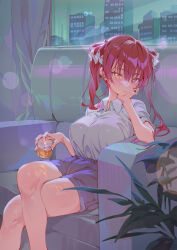 Rule 34 | 1girl, absurdres, alcohol, breasts, city, cityscape, closed mouth, collared shirt, couch, crossed legs, cup, feet out of frame, fingernails, head on hand, heterochromia, highres, holding, holding cup, hololive, houshou marine, hxxg, ice, ice cube, indoors, large breasts, legs, lens flare, light blush, long hair, looking at viewer, night, plant, red eyes, red hair, shirt, shirt tucked in, shorts, sitting, solo, swept bangs, thighs, twintails, virtual youtuber, white shirt, yellow eyes