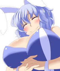 Rule 34 | 1girl, animal ears, blue hair, breasts, rabbit ears, eyebrows, closed eyes, female focus, own hands clasped, huge breasts, letty whiterock, own hands together, ramototu, short hair, smile, solo, touhou