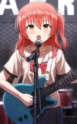 Rule 34 | 1girl, blush, bocchi the rock!, bow, bowtie, buttons, electric guitar, fagi (kakikaki), guitar, highres, holding, holding instrument, instrument, kita ikuyo, long hair, looking at viewer, music, one side up, open mouth, red bow, red bowtie, red hair, shirt, short sleeves, singing, skirt, solo, standing, sweat, white shirt, yellow eyes