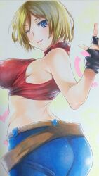 Rule 34 | 1girl, ass, blonde hair, blue eyes, blue mary, breasts, denim, fatal fury, fingerless gloves, from behind, gloves, highres, jeans, large breasts, looking at viewer, looking back, midriff, one eye closed, pants, pink lips, seductive smile, short hair, sideboob, sleeveless, smile, snk, the king of fighters, traditional media, wink