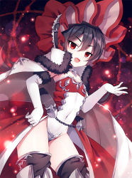 Rule 34 | 1girl, :d, black hair, black thighhighs, blush, cape, commentary request, covered navel, elbow gloves, fang, fur-trimmed cape, fur-trimmed gloves, fur trim, gloves, groin, hair between eyes, hand on own hip, hand up, illya (small) (princess connect!), illya (princess connect!), leotard, looking at viewer, mauve, open mouth, princess connect!, red eyes, smile, solo, strapless, strapless leotard, thighhighs, v-shaped eyebrows, white cape, white gloves, white leotard