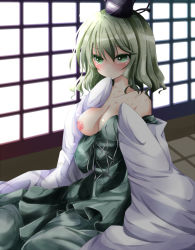 Rule 34 | 1girl, bad id, bad pixiv id, blanket, blush, breast slip, breasts, covering face, covering own mouth, covering privates, dress, female focus, green dress, green eyes, green hair, hat, indoors, matching hair/eyes, medium breasts, nanase nao, nipples, off shoulder, one breast out, open clothes, open dress, sitting, soga no tojiko, solo, tears, touhou