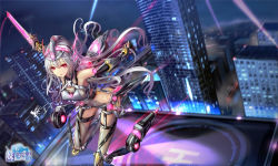 Rule 34 | 1girl, albino, bare shoulders, belt, black gloves, blurry, breasts, building, city, covered navel, depth of field, dutch angle, fingerless gloves, from above, gloves, glowing, glowing sword, glowing weapon, gluteal fold, headgear, helipad, holding, holding sword, holding weapon, long hair, looking at viewer, machinery, mecha musume, medium breasts, night, night sky, original, outdoors, outstretched arms, red eyes, revision, rooftop, searchlight, sideboob, signature, silver hair, sky, skyscraper, sleeveless, solo, standing, standing on one leg, sword, thighhighs, very long hair, wangchuan de quanyan, weapon
