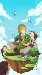 Rule 34 | 1boy, armor, belt, belt buckle, blonde hair, blue butterfly, blue eyes, blue flower, boots, brown belt, brown footwear, brown gloves, brown pants, buckle, bug, butterfly, chainmail, cloud, cloudy sky, creature, fingerless gloves, floating island, flower, full body, gloves, green headwear, green tunic, harp, hat, huan ying, indian style, insect, instrument, leaf, link, log, long sleeves, machi (zelda), music, nintendo, outdoors, pants, plant, playing instrument, shirt, short hair, sidelocks, sitting, sky, the legend of zelda, the legend of zelda: skyward sword, white shirt