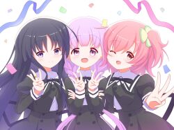 Rule 34 | 3girls, anniversary, arm hug, assault lily, black hair, black ribbon, black skirt, blunt bangs, braid, buttons, closed mouth, clover hair ornament, commentary request, confetti, double arm hug, four-leaf clover hair ornament, hair ornament, hands up, high-waist skirt, highres, hitotsuyanagi riri, hitotsuyanagi yuri, jewelry, juliet sleeves, light blush, long hair, long sleeves, looking at viewer, low twin braids, low twintails, multiple girls, neck ribbon, one side up, open mouth, outstretched arm, pink eyes, pink hair, puffy sleeves, purple eyes, purple hair, ri (pikatexiu 106), ribbon, ring, school uniform, shirai yuyu, shirt, short hair, side-by-side, sidelocks, simple background, skirt, smile, solo, streamers, twin braids, twintails, upper body, very long hair, w, white background, white shirt, yurigaoka girls academy school uniform