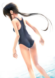 Rule 34 | 1girl, ahoge, ass, back, black hair, katahira masashi, long hair, one-piece swimsuit, original, ponytail, solo, swimsuit, water