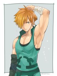 Rule 34 | 10s, 1boy, arm up, armpits, blush, border, fate/extra, fate (series), green eyes, grey background, hair over one eye, male focus, muscular, muscular male, orange hair, pectoral cleavage, pectorals, robin hood (fate), short hair, simple background, sleeveless, sparkle, torakichi (ebitendon), twitter username