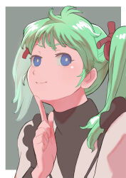 Rule 34 | 1girl, absurdres, black sweater, border, bright pupils, char&#039;s counterattack, dress, finger to own chin, green hair, grey background, gundam, highres, k katora, looking to the side, outside border, portrait, quess paraya, smile, solo, sweater, turtleneck, turtleneck sweater, twintails, uneven twintails, white border, white dress, white pupils