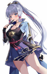 Rule 34 | 1girl, arm guards, armor, armored dress, ayaka (genshin impact), blue dress, blue eyes, blue hair, blue shirt, blunt bangs, blush, breastplate, breasts, bridal gauntlets, detached sleeves, dress, folding fan, genshin impact, hair ornament, hand fan, harimoji, japanese armor, jewelry, large breasts, light blue hair, long hair, looking at viewer, neck ring, open clothes, open shirt, ponytail, rope, shirt, short sleeves, sidelocks, smile, solo, tassel, thighs